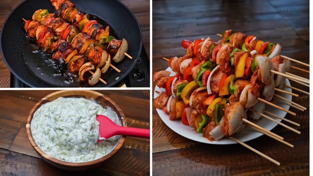 شيش طاووق مع سلطة الزبادي اليونانية